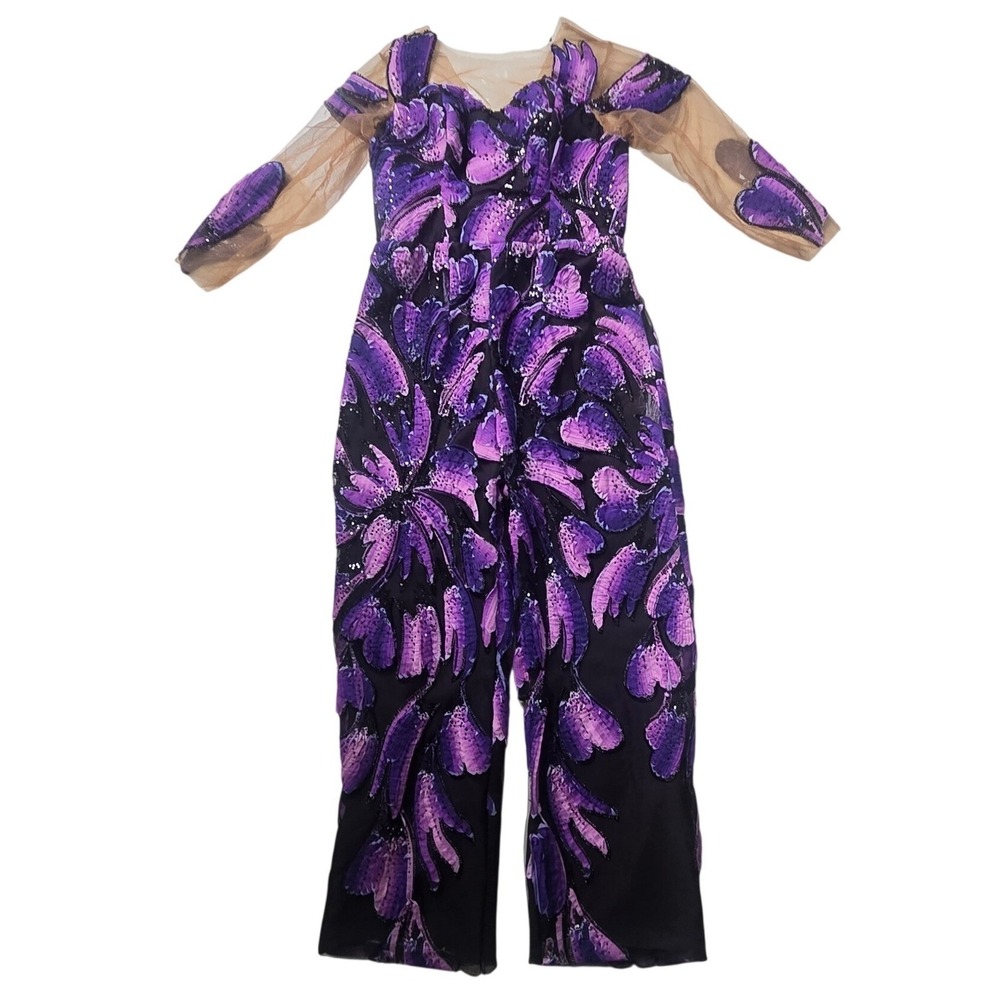 Vibrant Purple Sequin Floral Wide Leg Jumpsuit Sheer Long Sleeve Formal Evening